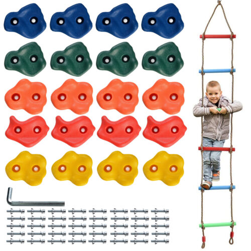 20x Climbing Holds Set Rock Wall Stones With Climbing Rope Ladder For Kids Child